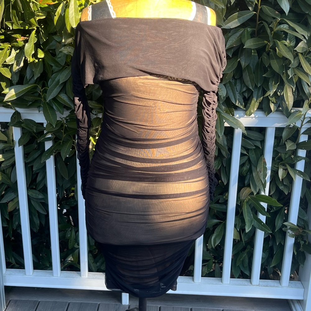 Fashion Nova; Black Sheer; Long Sleeve; Ruched; Body-Con; Nude Illusion Dress; M